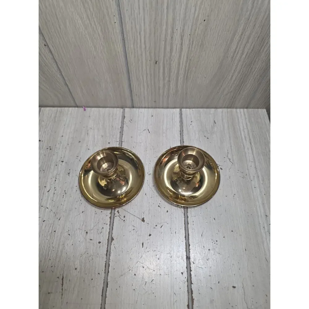 Vintage Pair Polished Brass Candlestick Candle Holders 3